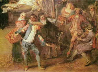 Detail předmanželské smlouvy a rustikálního plesu tanečníků vpravo, c. 1712-13 olej na plátně